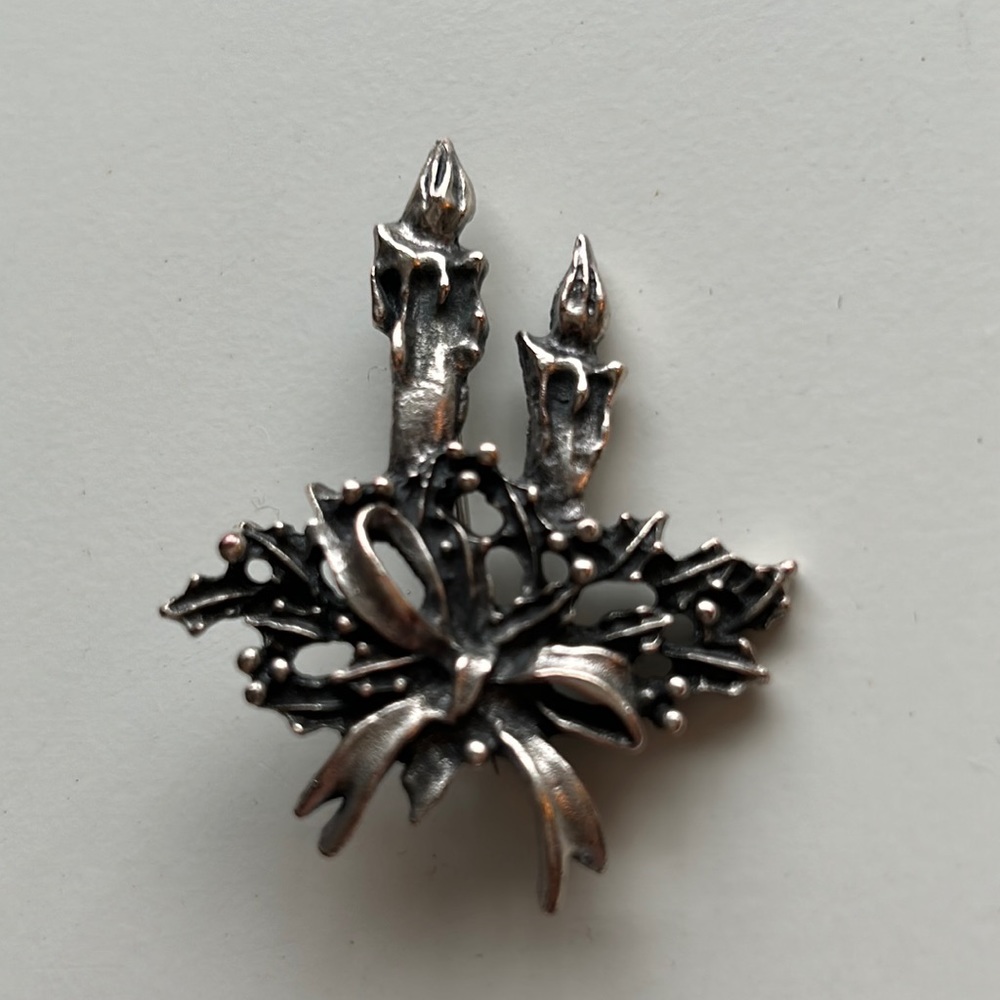 Silver Tone Holly & Candle Brooch Pin